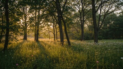 Fototapeta premium Breathtaking wild forest scene captured at dawn