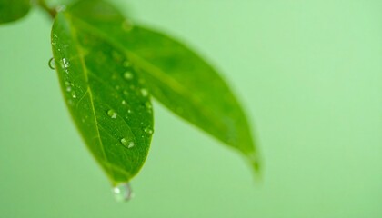 Fototapeta premium Macro shot of green leaves with water droplets against a green background
