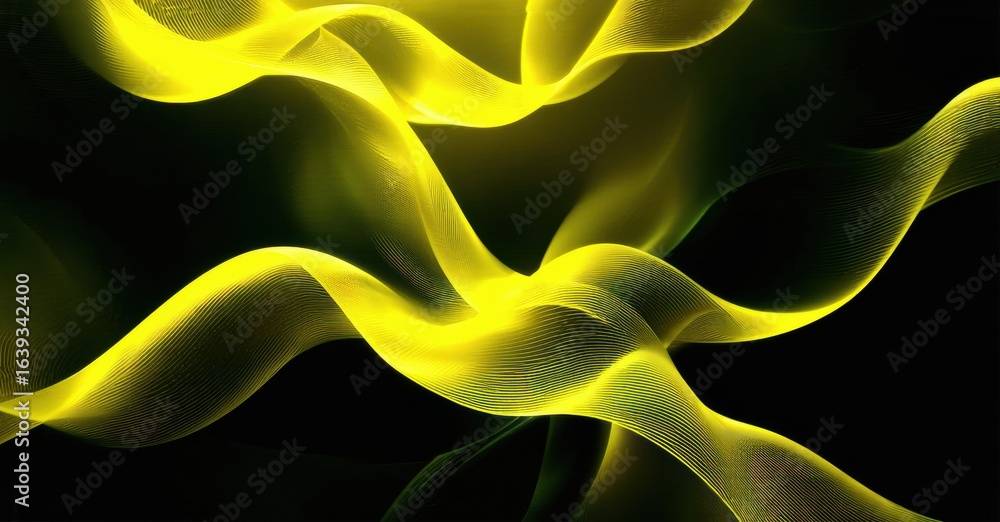 Poster golden waves flow, creating dynamic abstract shapes. dark background emphasizes bright curves, offer
