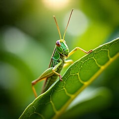 Fototapeta premium Macro of a green grasshopper perched on a leaf with visible vein details and soft green background.