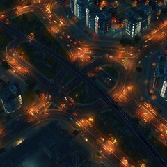 Night city highway interchange aerial view, traffic flow, urban development