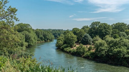 Fototapeta premium Picturesque river scene with dense leafy trees