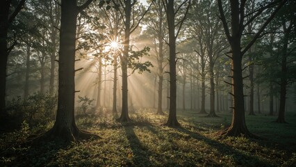 Obraz premium Magnificent sunrise light filtering through forest foliage