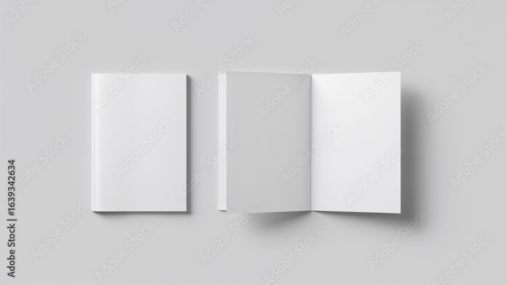 Poster set of two white bi-fold brochures in a4 and a5 sizes placed on a gray background with shadows; one 