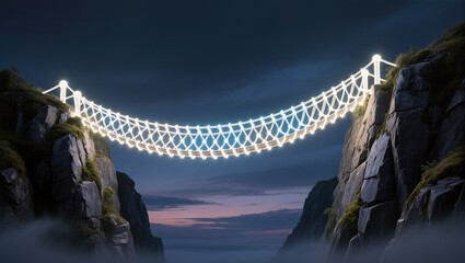 Fototapeta premium Illuminated bridge connects cliffs under twilight sky