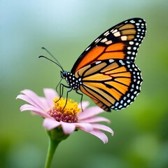Fototapeta premium Monarch butterfly feeding on nectar from a pink flower in a soft green background.
