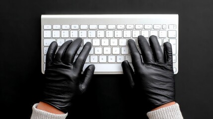 Person wearing black gloves is typing on a keyboard. The gloves are black and the person's hands are visible. Concept of mystery and secrecy