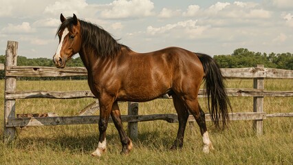 Fototapeta premium Gorgeous brown equine standing near a wooden barrier
