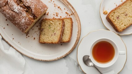 Sliced classic checkerboard cake paired with a cup of tea from above