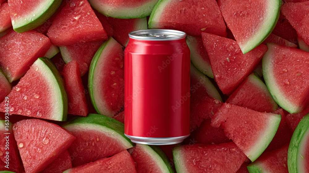 Poster can of soda is placed on top of a pile of watermelon slices. concept of fun and playfulness, as the 