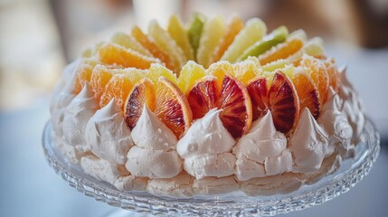 Candied citrus placement of translucent orange and green fruit slices decoratively arranged on pavlova meringue with golden bokeh restaurant lighting