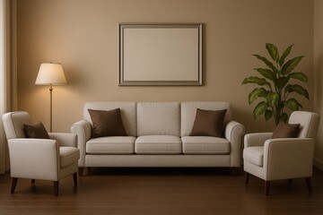 Fototapeta premium Modern Living Room Arrangement Featuring a Sofa, Armchairs, Floor Lamp, and Decorative Plant with a Blank Framed Artwork