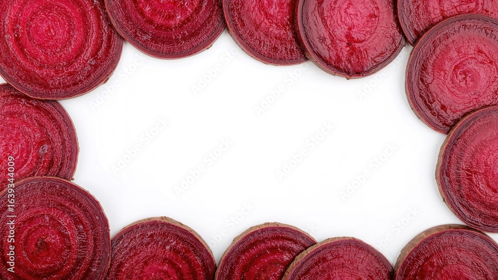 Poster beetroot cut into slices displayed against a clean white surface with clipping path. top-down angle 