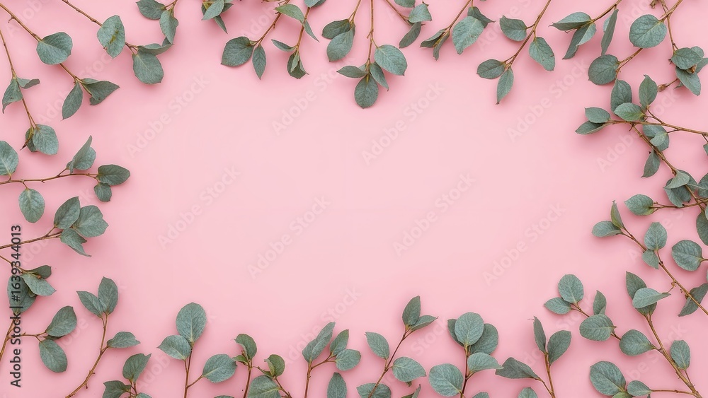 Poster top view of eucalyptus foliage forming a patterned frame against a soft pink background with empty t
