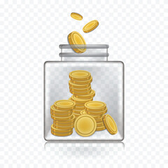 Glass Jar Full of Gold Coins isolated on transparent background.
