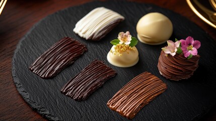 Fototapeta premium Premium chocolate dessert platter featuring chocolate brush technique strokes alongside gourmet truffles and petit fours on dark slate plate