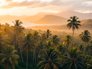 Aerial View of Tropical Island Sunset with Palm Trees and Ocean