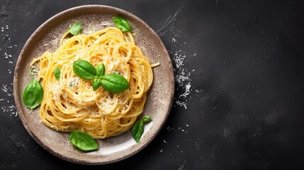  Spaghetti Pasta with Parmesan and Fresh Basil – Elegant Italian Cuisine on Dark Background with Copy Space