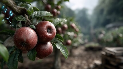 Lush apple tree branches with glistening red apples, surrounded by a misty orchard atmosphere.