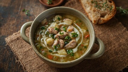 Soup with chicken and vegetables served with toasted bread, overhead shot