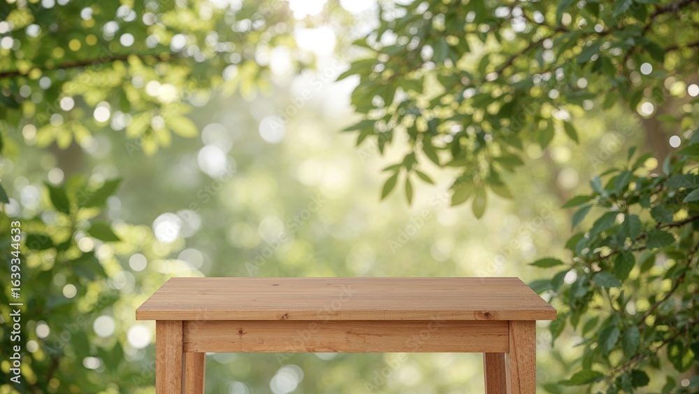 Poster natural wood table with defocused green trees and sunlight creating a bokeh background, perfect for 