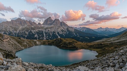 Scenic mountain park showcasing three lakes, dramatic peaks, dynamic skies, and vivid sunset to daylight hues.