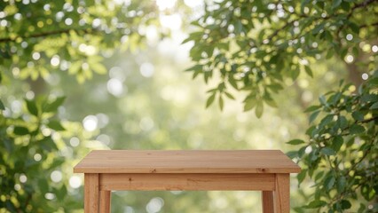 Natural wood table with defocused green trees and sunlight creating a bokeh background, perfect for product presentation.