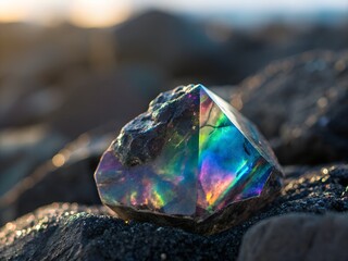 Iridescent Gemstone on Dark Volcanic Rocks at the Beach