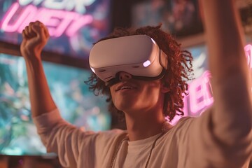 Excited young man immersed in vibrant virtual reality gaming, celebrating a win with hands raised in triumph