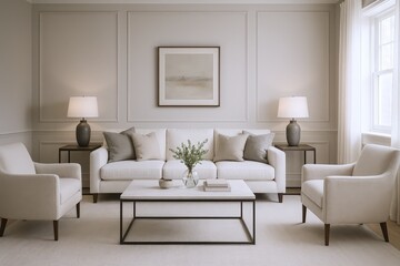 Serene Living Room with Neutral Tones, Comfortable Seating, and Elegant Wall Paneling