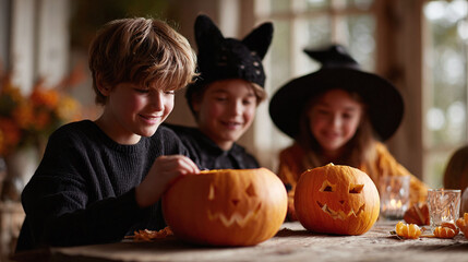 Fototapeta premium Kids in costumes carving pumpkins. Halloween fun, family tradition. Symbol of childhood joy and seasonal celebration. Use for holiday, lifestyle content.