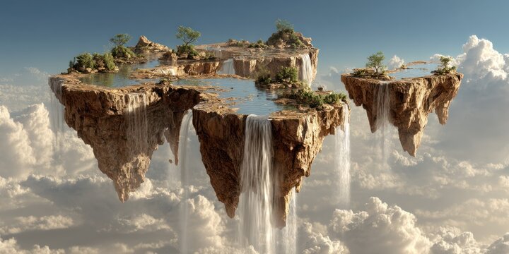 Broken landmasses suspended in air with waterfalls cascading into nothingness