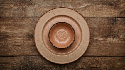 Vintage Style Tin Plate and Bowl Collection on Rustic Wooden Background, Top Down