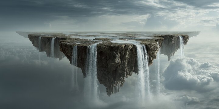 Broken landmasses suspended in air with waterfalls cascading into nothingness