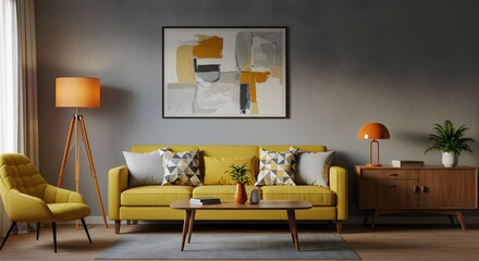 Cozy living room interior with a yellow sofa, armchair, coffee table, and artwork on the wall