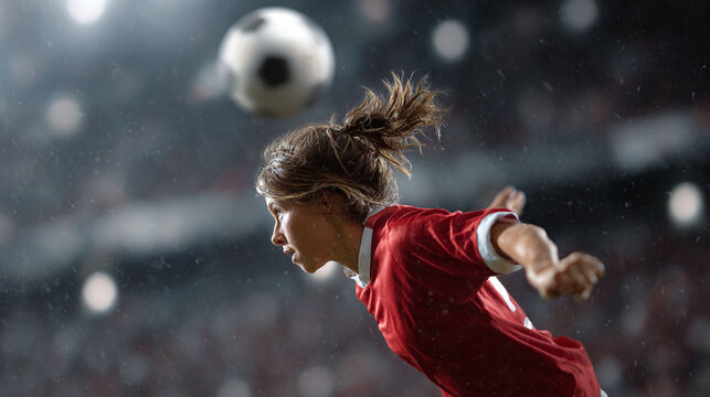 Action shot of a female soccer player heading the ball. Focus, determination,  athletic prowess. Ideal for sports marketing, fitness, or competitive spirit themes. - Powered by Adobe