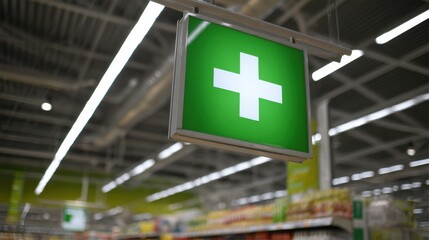 Elegant photo of pharmacy sign on in the supermarket.