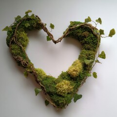 Heart-shaped moss and ivy wreath on white background, nature craft