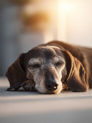 Serene closeup of an old dog sleeping peacefully. Warm, golden light conveys a sense of calm, rest, and companionship. Perfect for themes of aging, pets, animal care, and quiet moments.