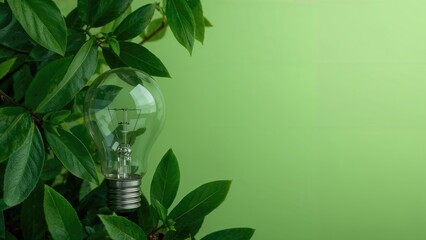 Green energy light bulb featuring leaves on a verdant background representing resource saving
