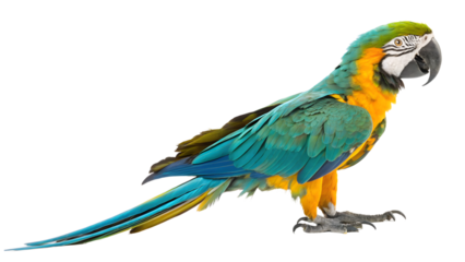 Vibrant colorful parrot standing gracefully on clean white background.
