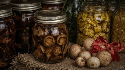 Jarred forest mushrooms stored on burlap fabric, homemade preserves in a cellar setting. Product preservation and storage. Close-up view.