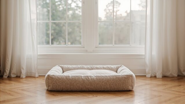 Pet bed unfilled by the window indoors, accompanied by space for captions.