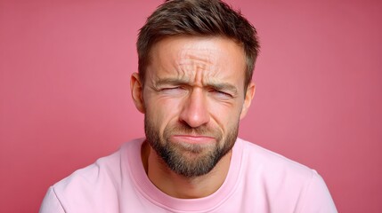 Man with a beard and a pink shirt is looking at the camera with a frown on his face