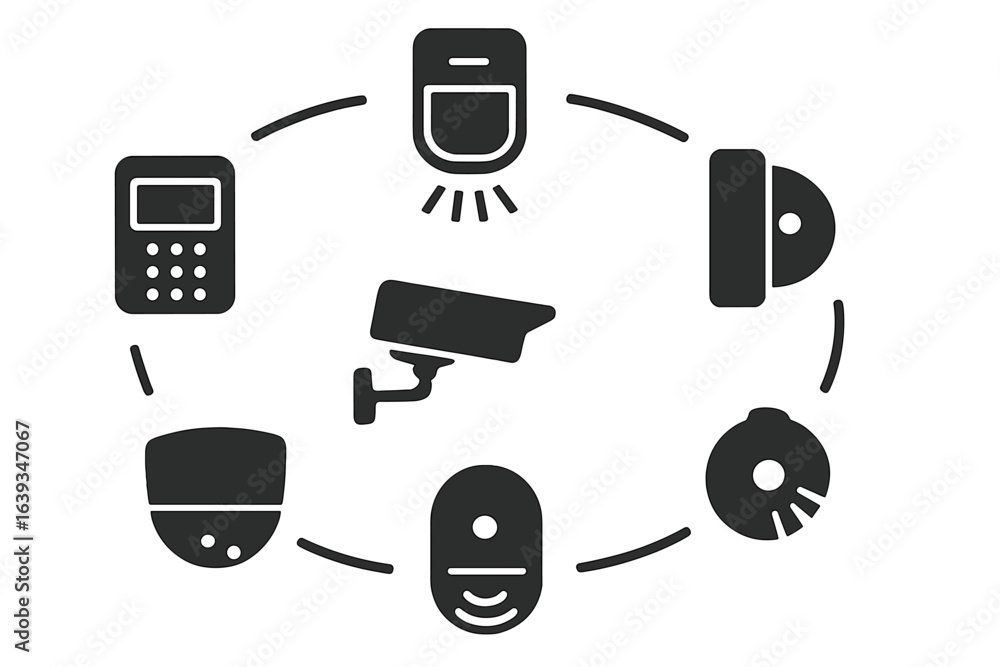 Aufkleber security system components interconnected in a modern design featuring cameras and alarms for enhanc