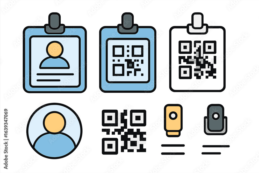Aufkleber various types of identification badges featuring qr codes and user icons displayed in a digital desi