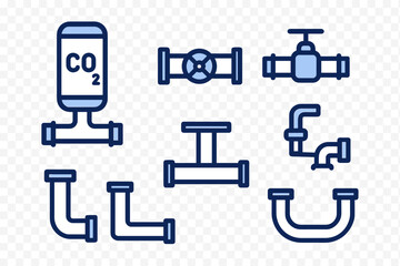Collection of various pipe and valve designs featuring carbon dioxide tank and fittings in a minimalist style