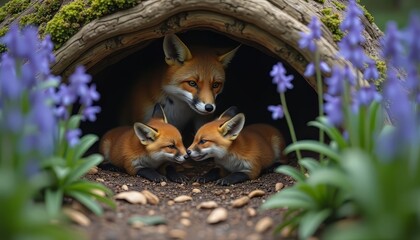Obraz premium Fox and Fox Cubs in a Den in Springtime