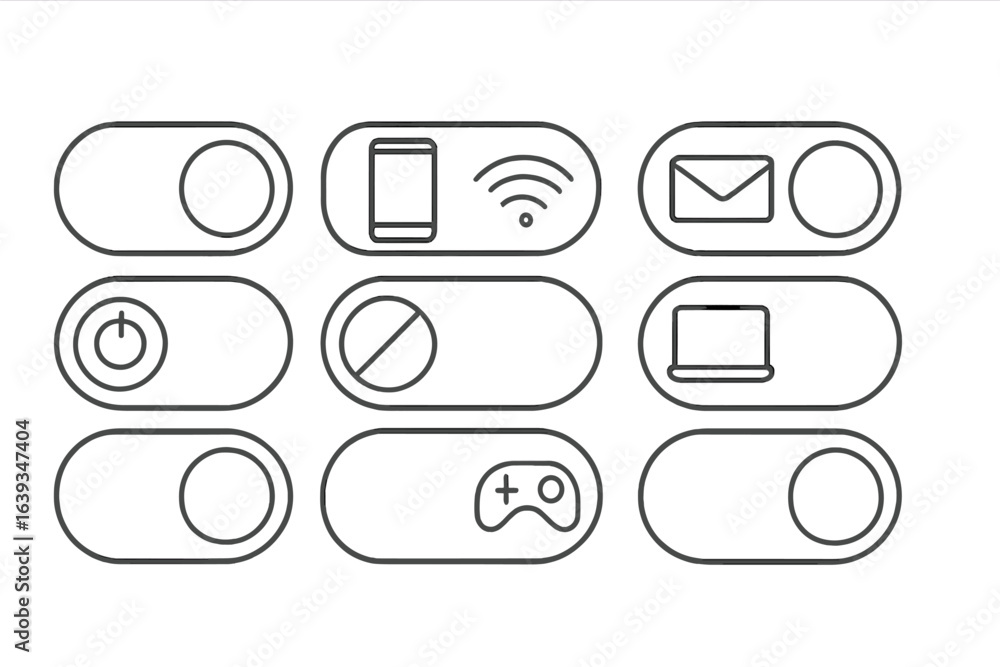 Poster Interactive toggle switches representing various device functions and preferences in a minimalistic design