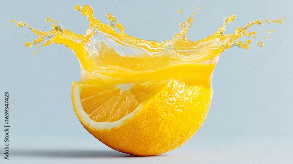Poster slice of orange is shown with a splash of juice, creating a sense of motion and energy